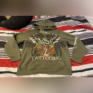 Ed Hardy Olive Green Crewneck Sweatshirt with Multicolor Tattoo Graphic